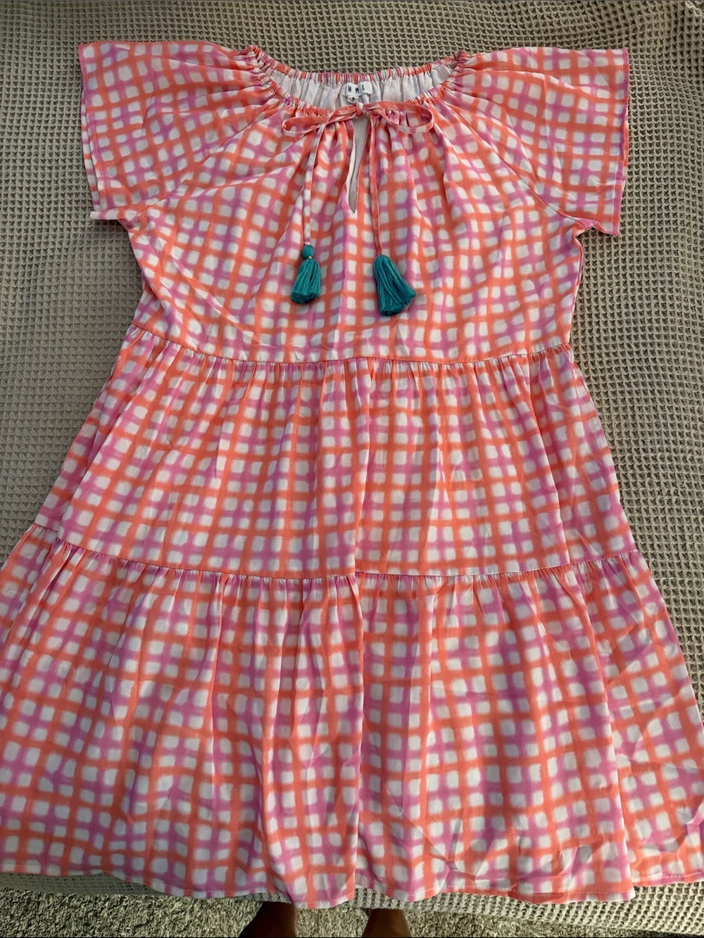 THML Pink and White Check Tiered Dress with Teal Tassels